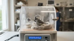 A rescued cockatiel recovering from hypothermia in a small animal incubator for bird emergencies