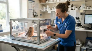 A wildlife rehabilitator operating a portable small animal incubator for bird emergencies in a clinic